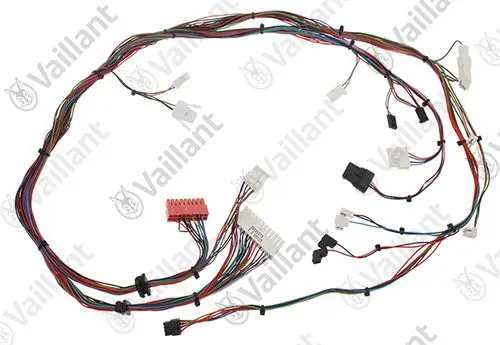 Vaillant Kabelbaum mit mehreren bunten Drähten und zahlreichen Steckverbindern, geeignet für die Verbindung elektrischer Komponenten.
